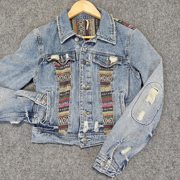 Free People Womens Size 2 Trucker Denim Patchwork Jacket We The Free Hippie Boho - Picture 1 of 16